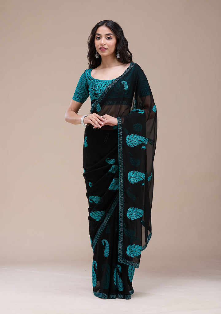 Black Threadwork Georgette Saree-koskii