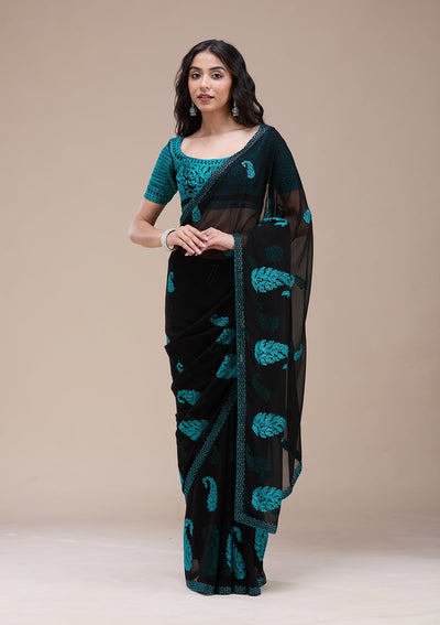 Black Threadwork Georgette Saree-koskii