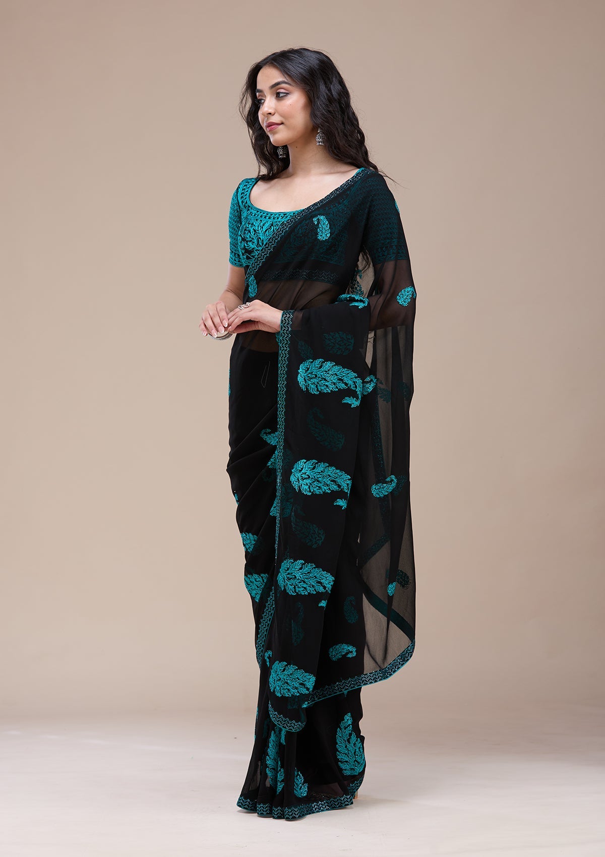 Black Threadwork Georgette Saree-koskii