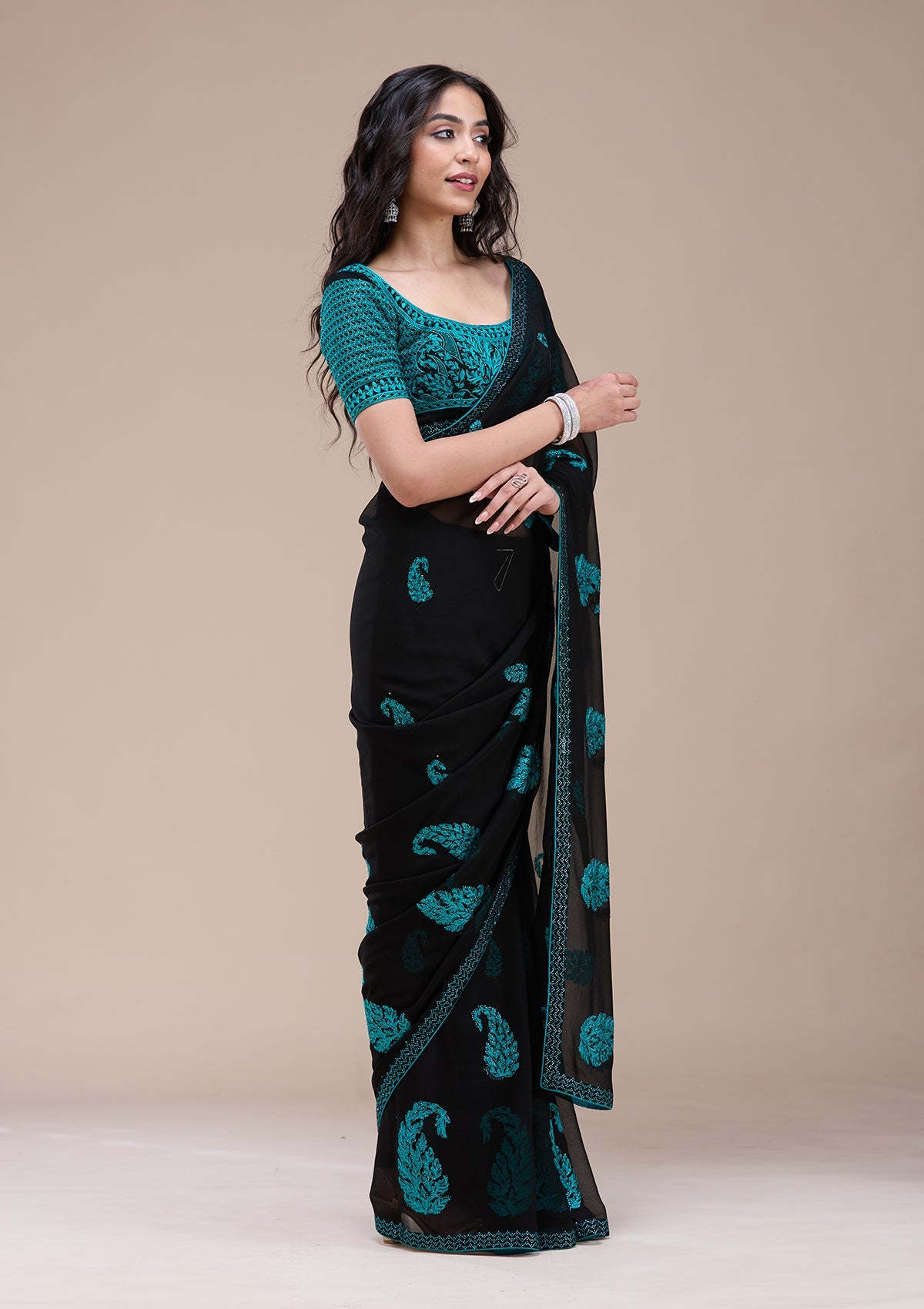 Black Threadwork Georgette Saree-koskii