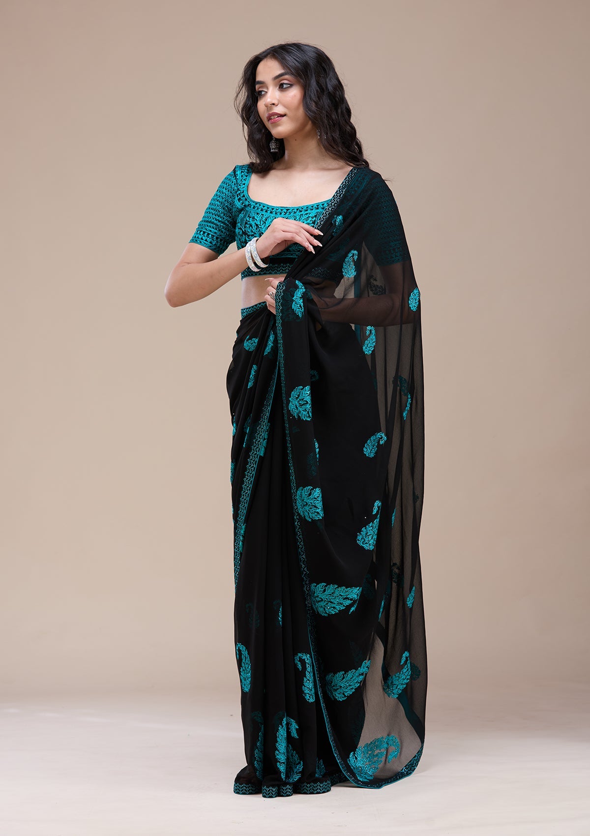 Black Threadwork Georgette Saree-koskii