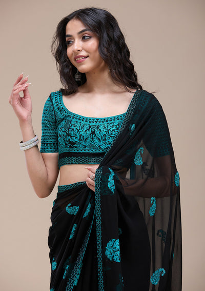 Black Threadwork Georgette Saree-koskii