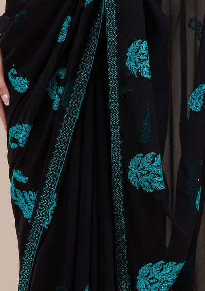 Black Threadwork Georgette Saree-koskii