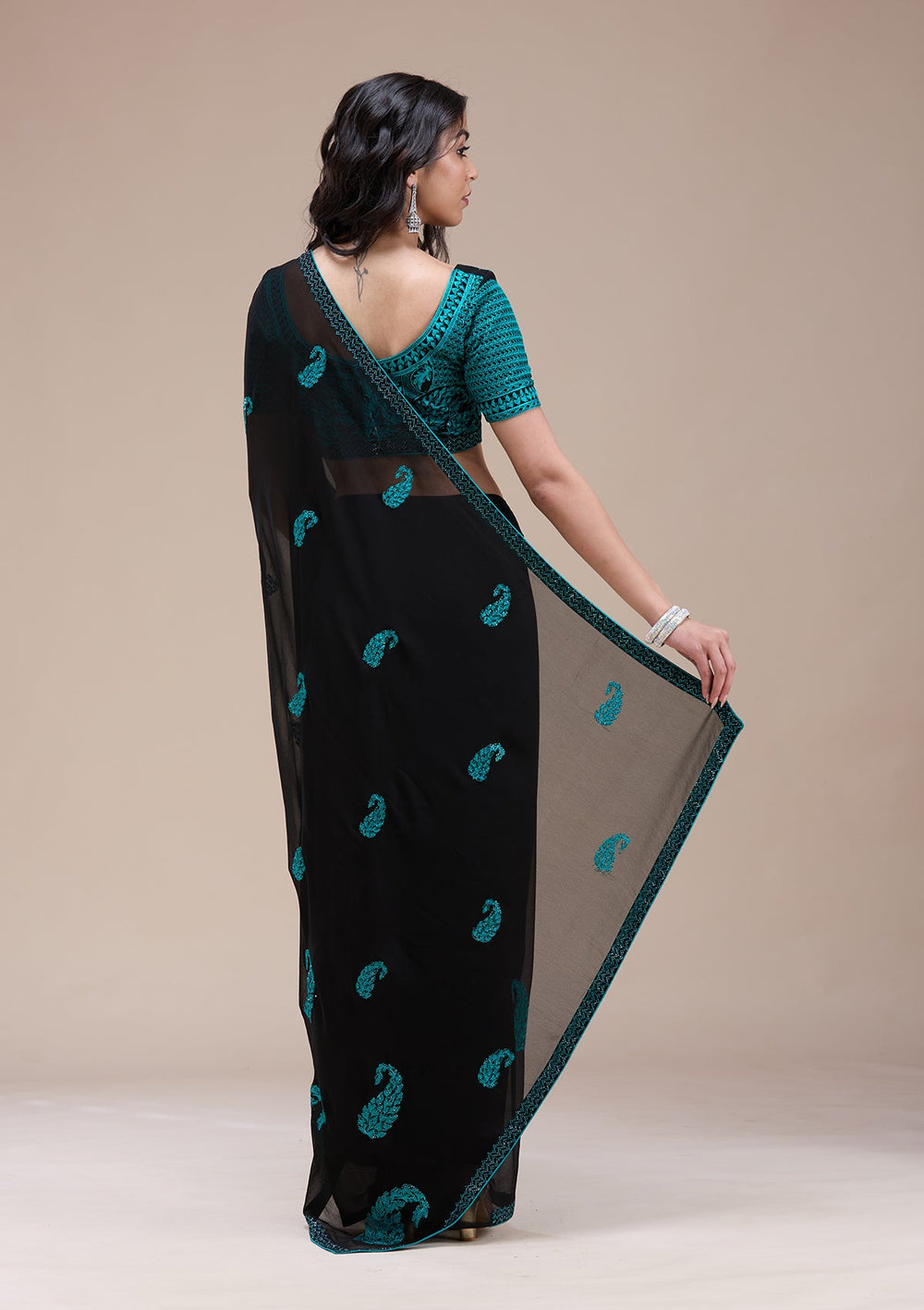 Black Threadwork Georgette Saree-koskii