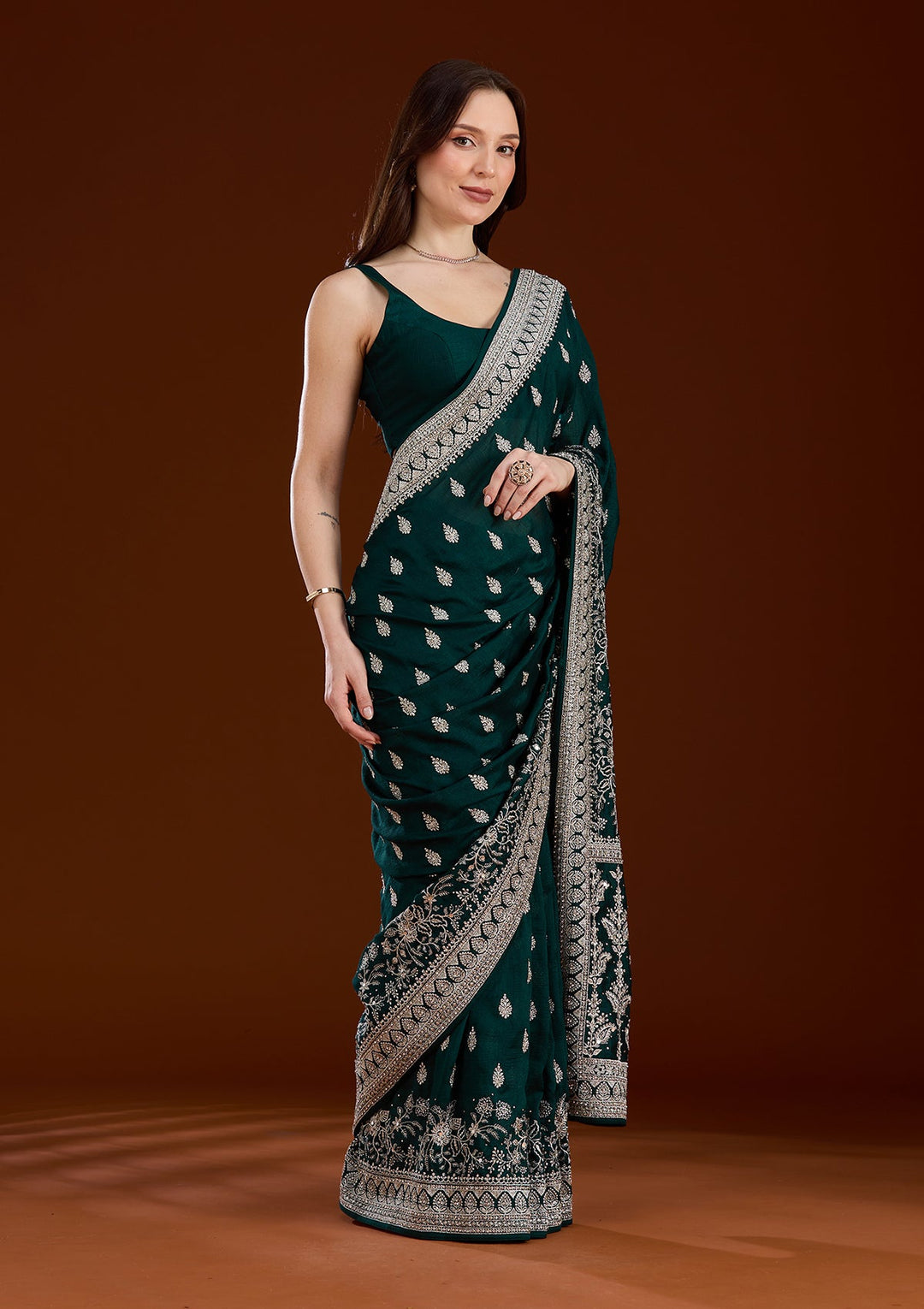 Bottle Green Zariwork (Silver) Soft Raw Silk Saree