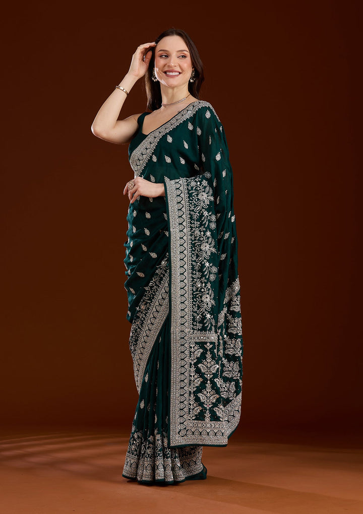Bottle Green Zariwork (Silver) Soft Raw Silk Saree