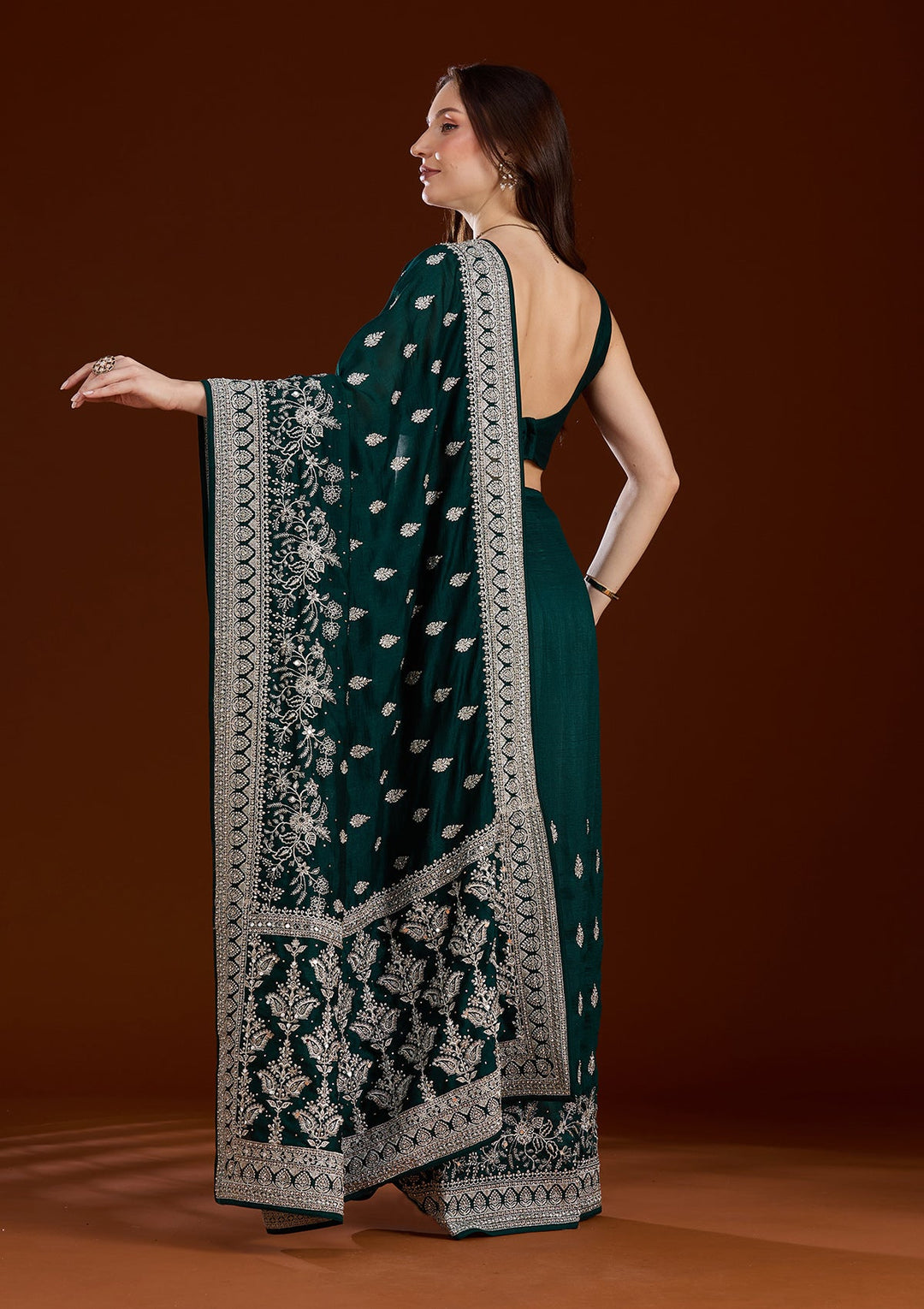 Bottle Green Zariwork (Silver) Soft Raw Silk Saree