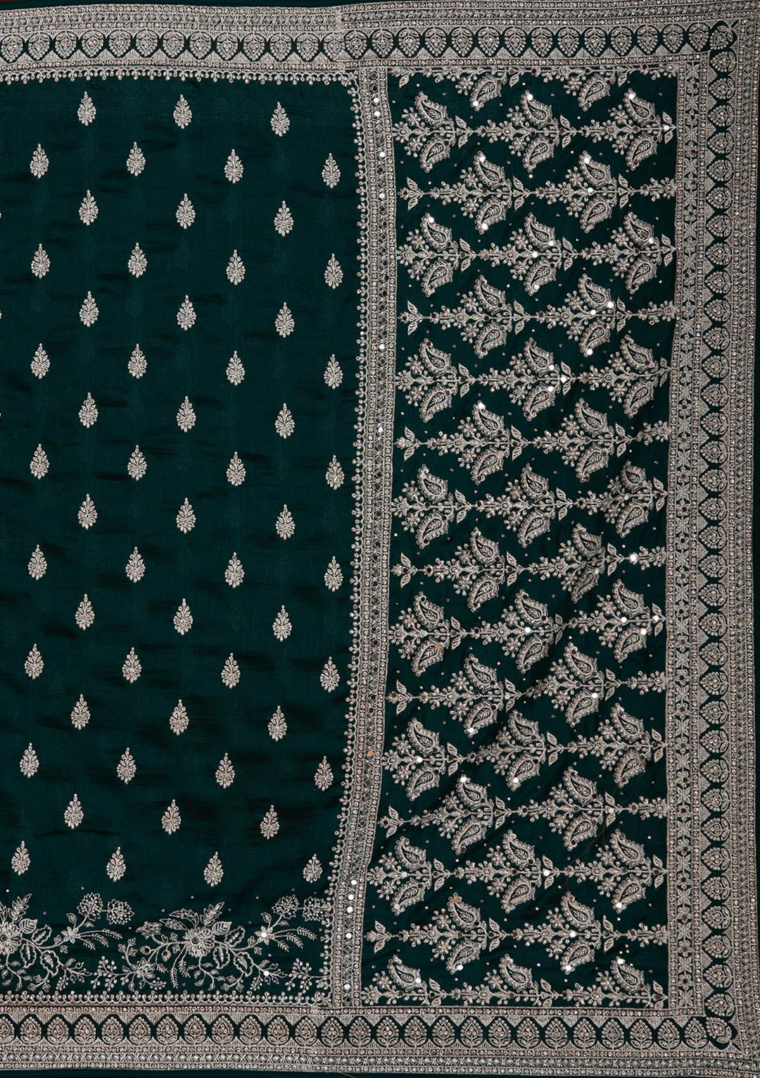 Bottle Green Zariwork (Silver) Soft Raw Silk Saree