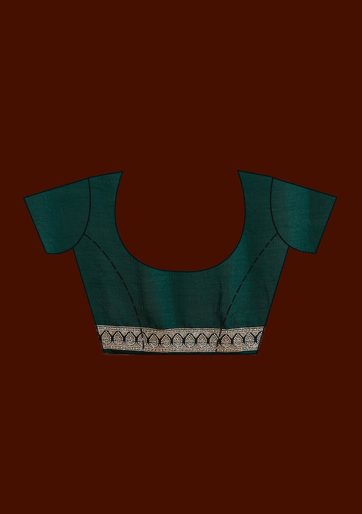 Bottle Green Zariwork (Silver) Soft Raw Silk Saree