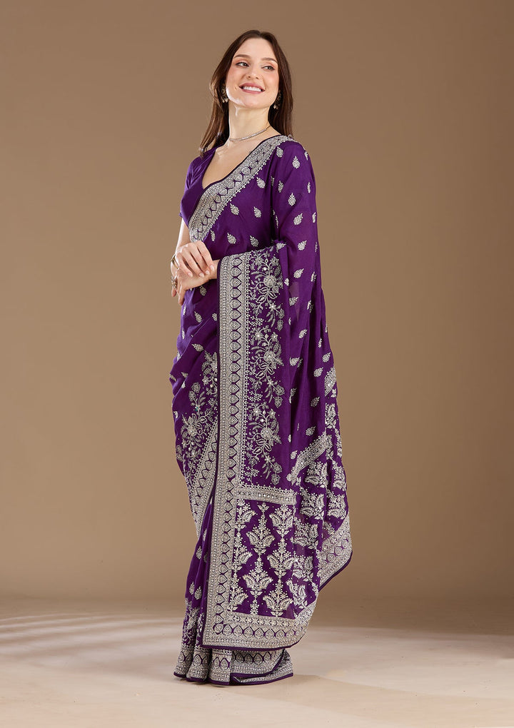 Purple Zariwork (Silver) Soft Raw Silk Saree