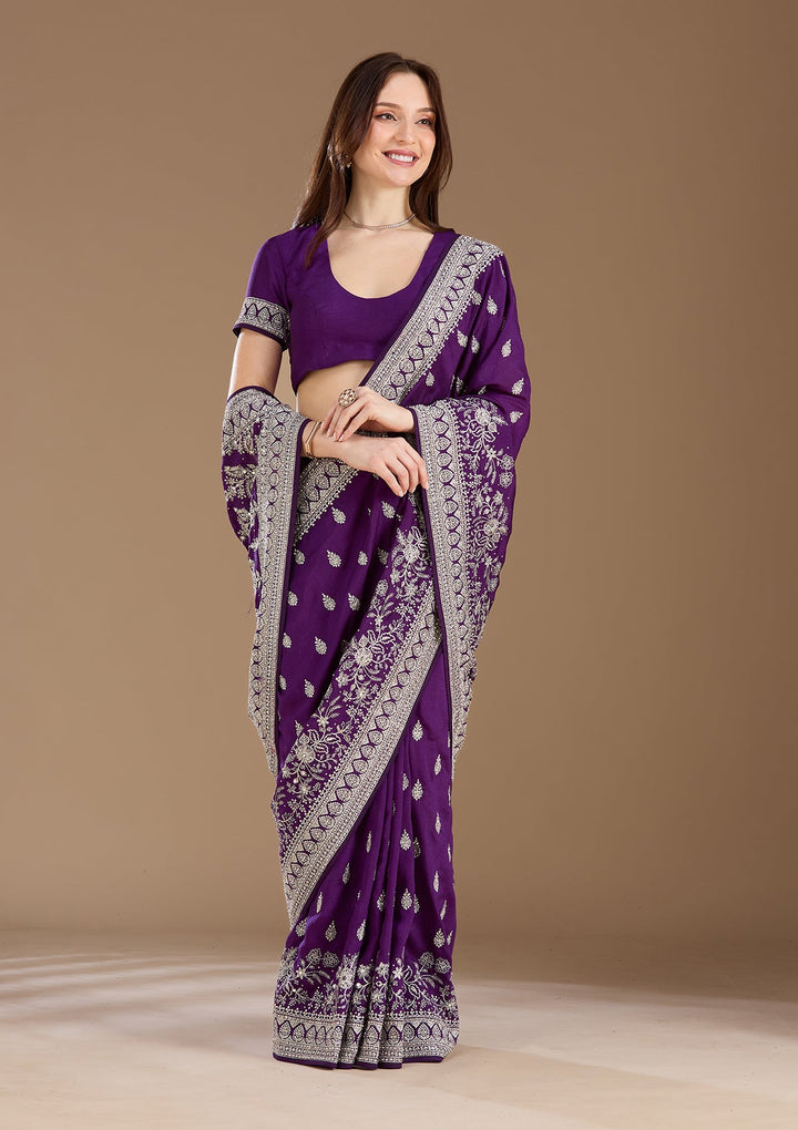 Purple Zariwork (Silver) Soft Raw Silk Saree
