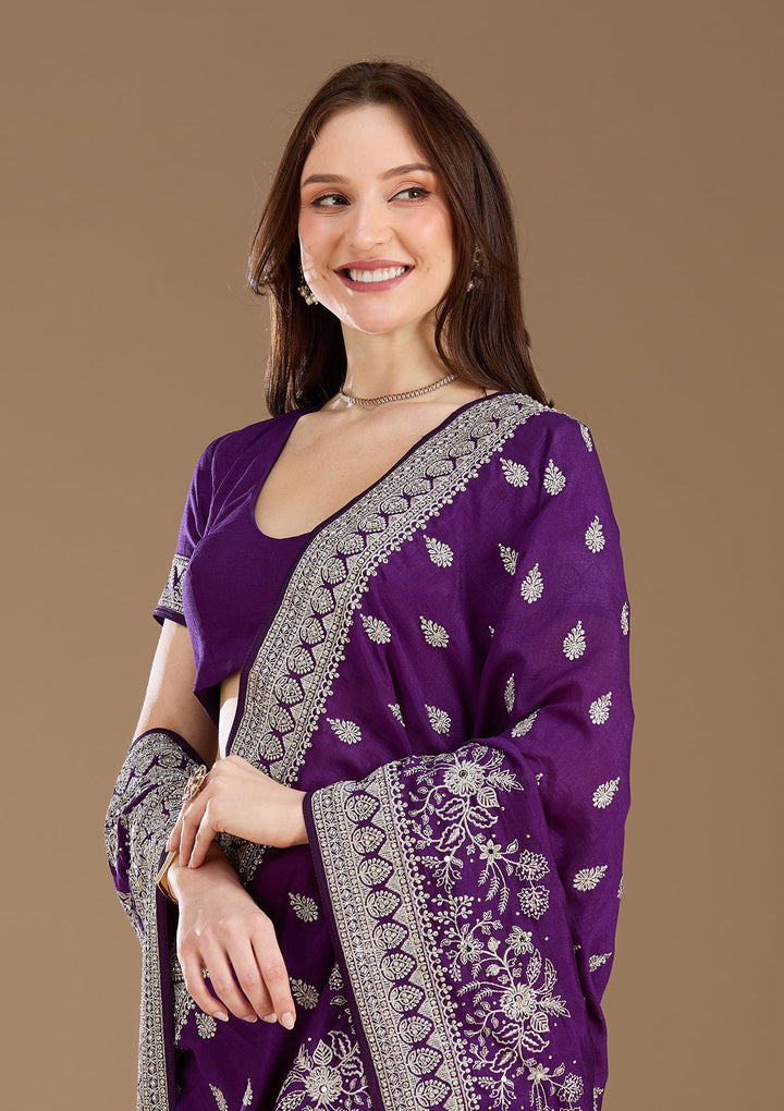 Purple Zariwork (Silver) Soft Raw Silk Saree
