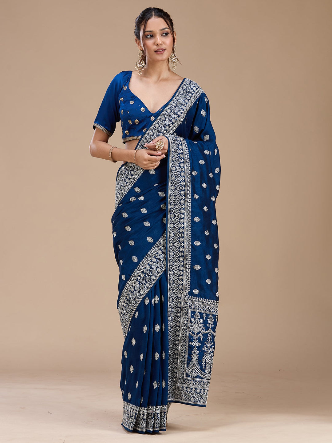 Peacock Blue Zariwork (Silver) Soft Raw Silk Saree_koskii