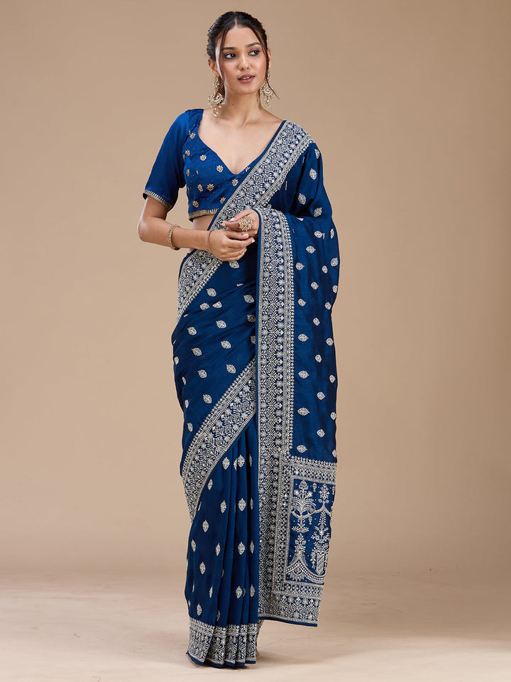 Peacock Blue Zariwork (Silver) Soft Raw Silk Saree_koskii