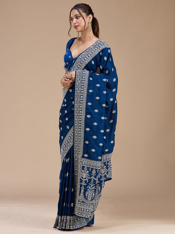 Peacock Blue Zariwork (Silver) Soft Raw Silk Saree_koskii