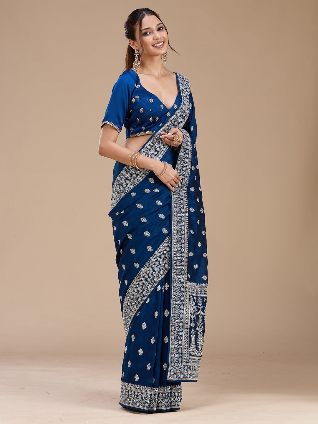 Peacock Blue Zariwork (Silver) Soft Raw Silk Saree_koskii