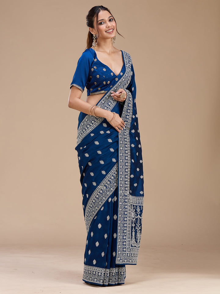Peacock Blue Zariwork (Silver) Soft Raw Silk Saree_koskii