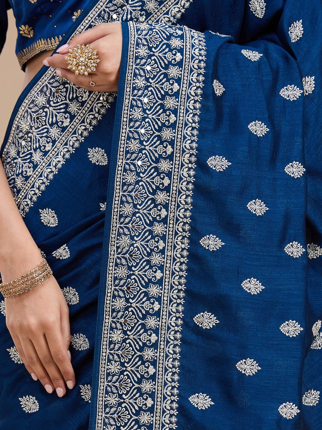 Peacock Blue Zariwork (Silver) Soft Raw Silk Saree_koskii