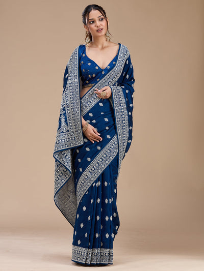 Peacock Blue Zariwork (Silver) Soft Raw Silk Saree-koskii
