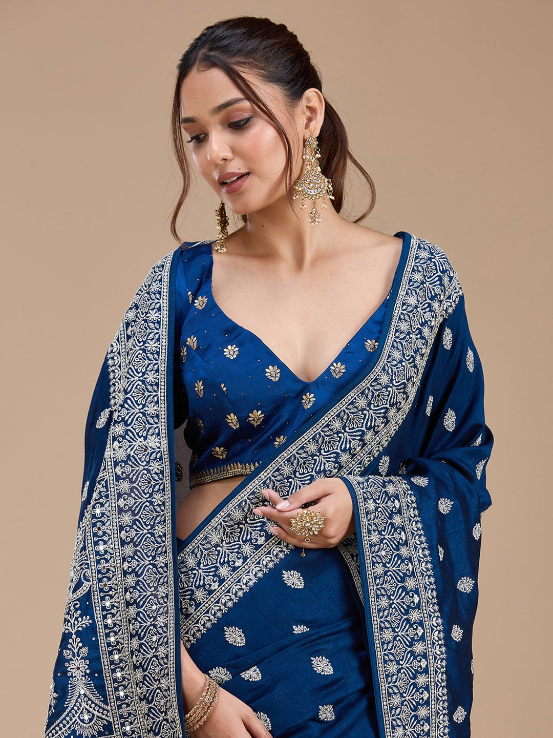 Peacock Blue Zariwork (Silver) Soft Raw Silk Saree_koskii