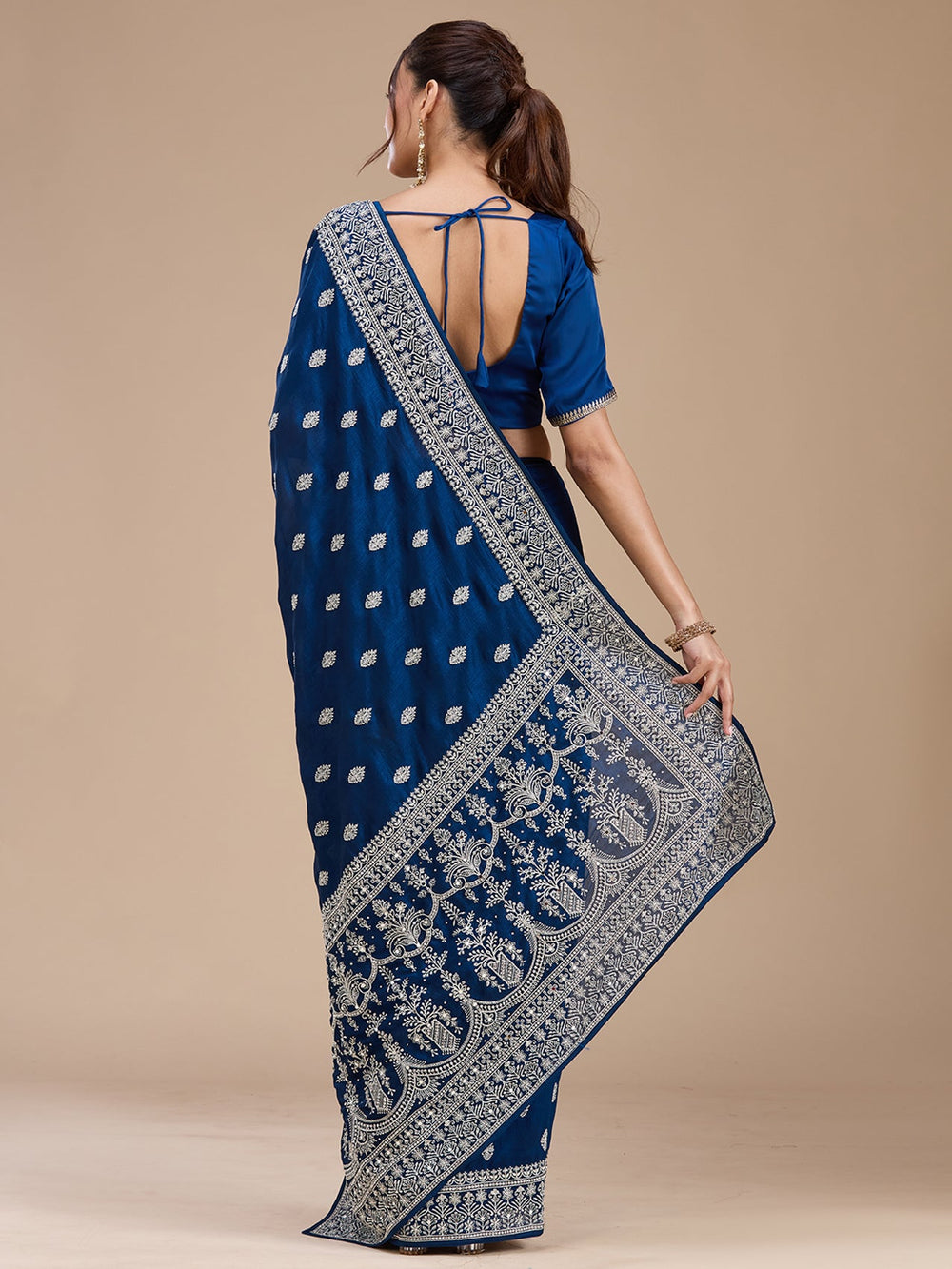 Peacock Blue Zariwork (Silver) Soft Raw Silk Saree-koskii