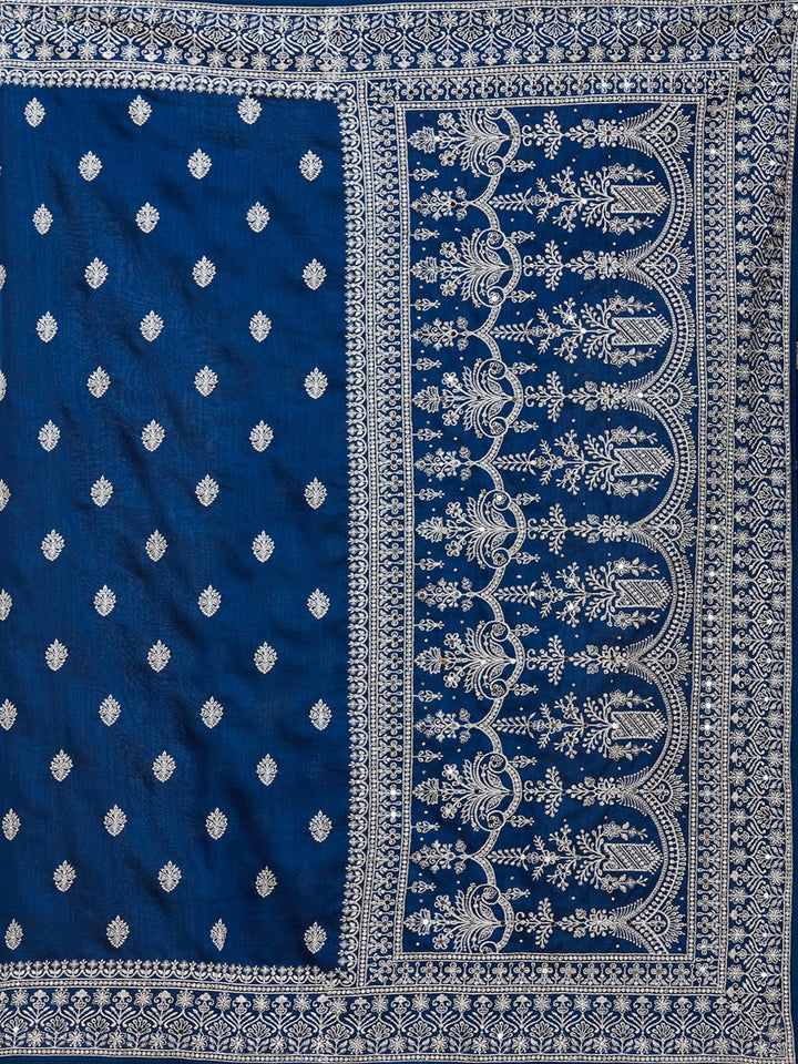 Peacock Blue Zariwork (Silver) Soft Raw Silk Saree_koskii