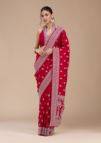 Rani Pink Zariwork (Silver) Soft Raw Silk Saree-koskii