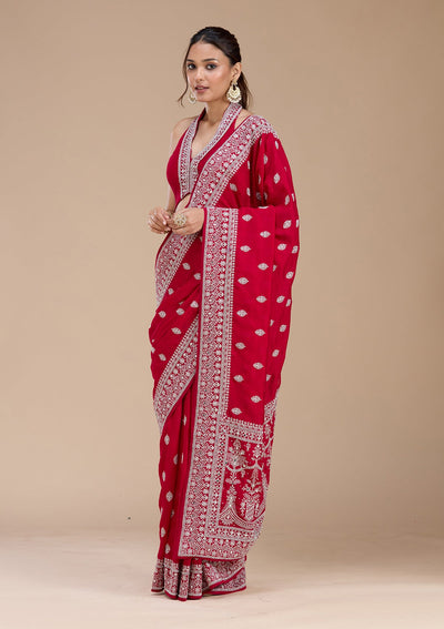 Rani Pink Zariwork (Silver) Soft Raw Silk Saree-koskii