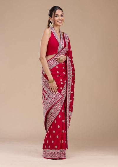 Rani Pink Zariwork (Silver) Soft Raw Silk Saree-koskii