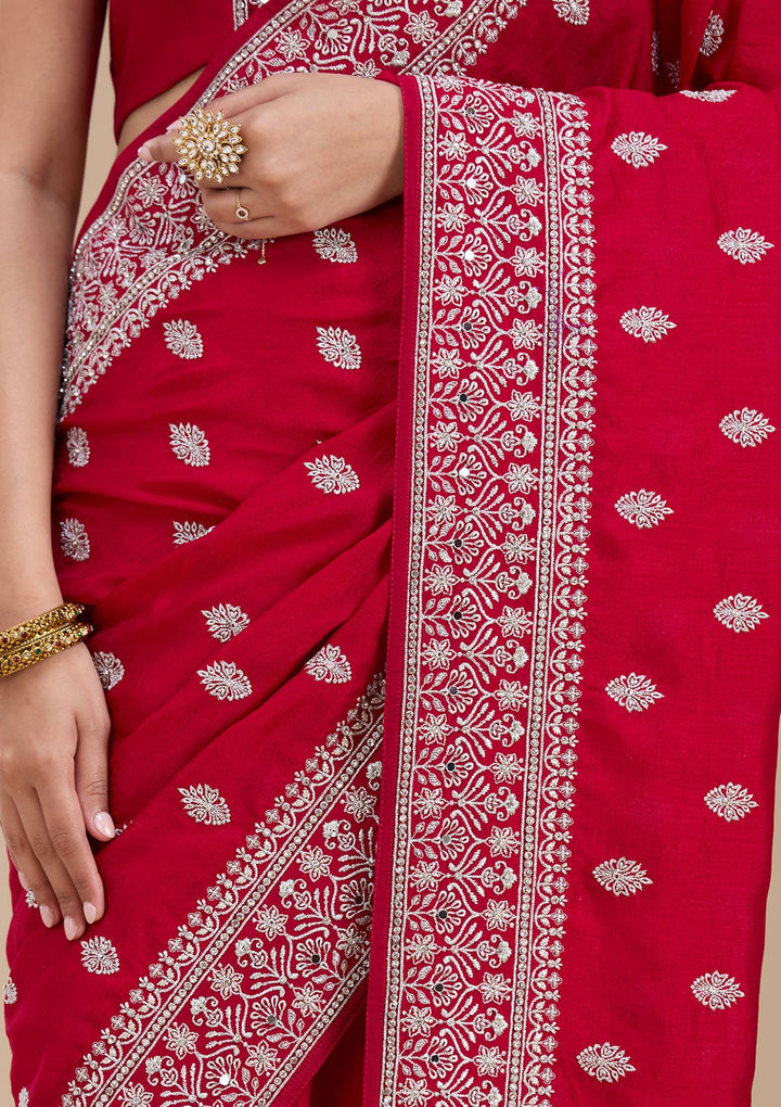 Rani Pink Zariwork (Silver) Soft Raw Silk Saree_koskii