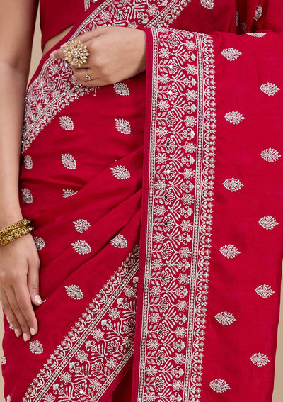 Rani Pink Zariwork (Silver) Soft Raw Silk Saree-koskii