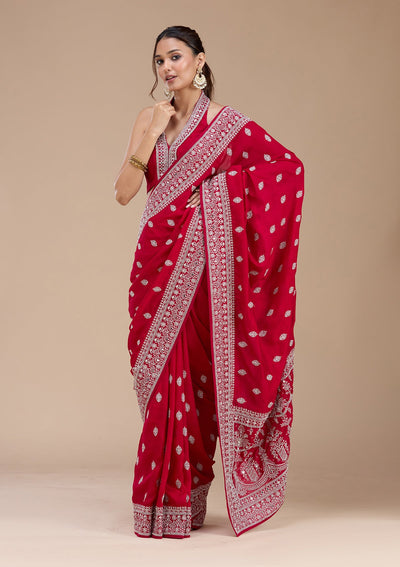Rani Pink Zariwork (Silver) Soft Raw Silk Saree-koskii