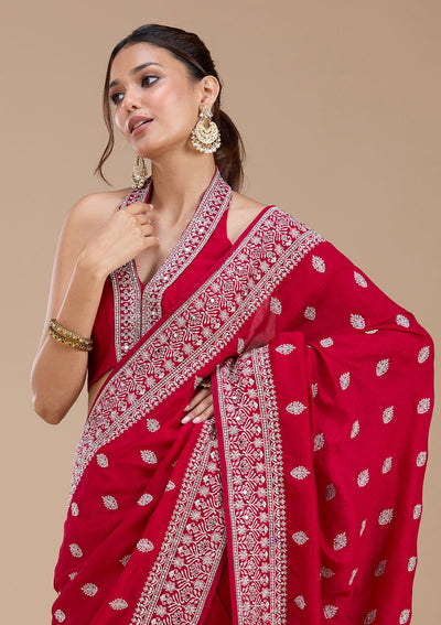 Rani Pink Zariwork (Silver) Soft Raw Silk Saree-koskii