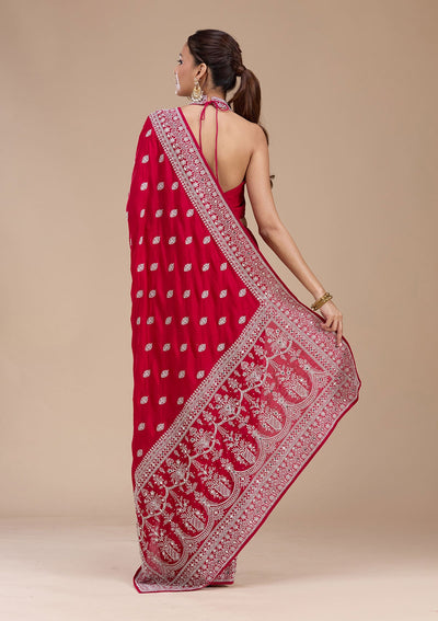 Rani Pink Zariwork (Silver) Soft Raw Silk Saree-koskii
