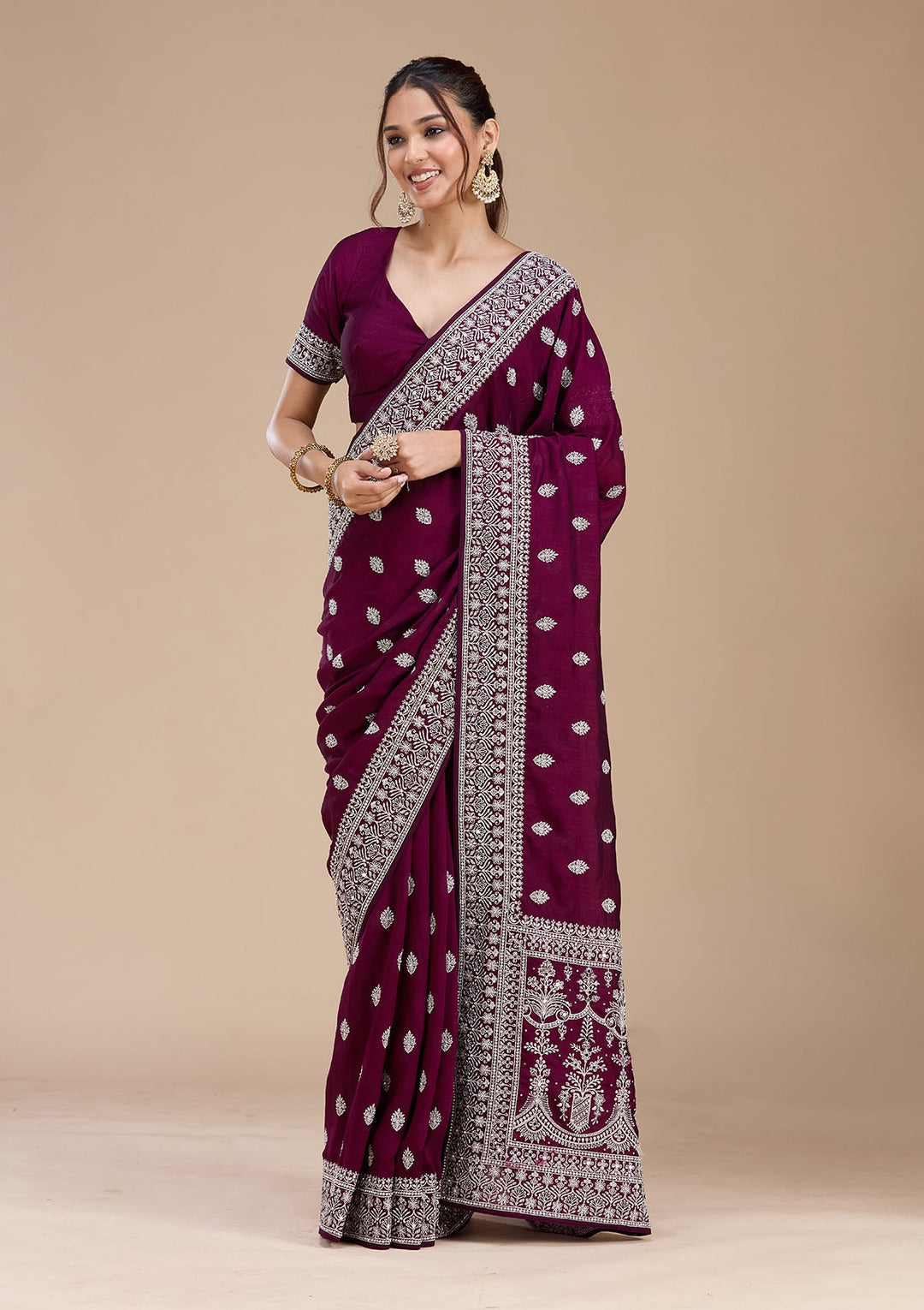 Wine Zariwork (Silver) Soft Raw Silk Saree_koskii