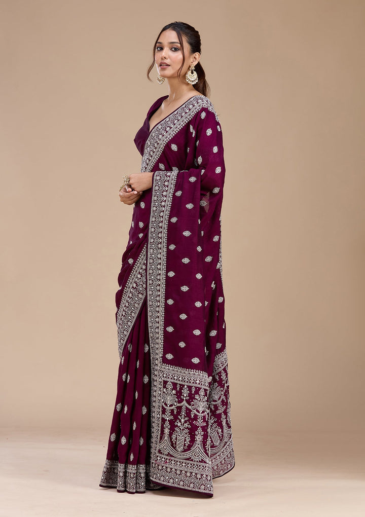 Wine Zariwork (Silver) Soft Raw Silk Saree_koskii