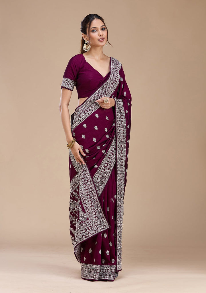 Wine Zariwork (Silver) Soft Raw Silk Saree_koskii