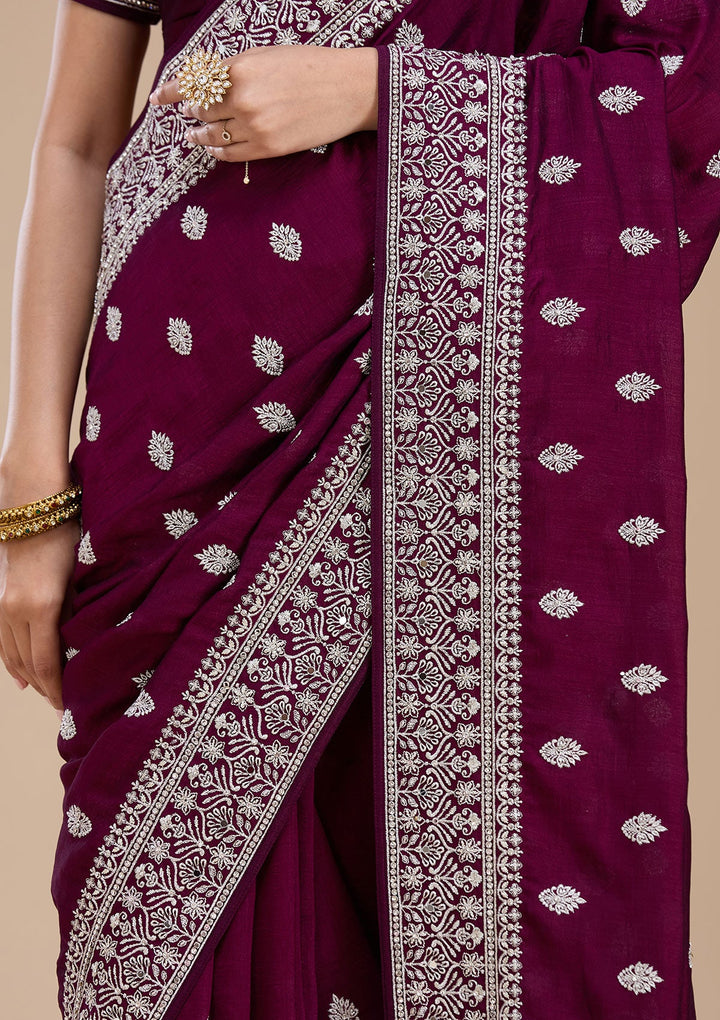 Wine Zariwork (Silver) Soft Raw Silk Saree_koskii