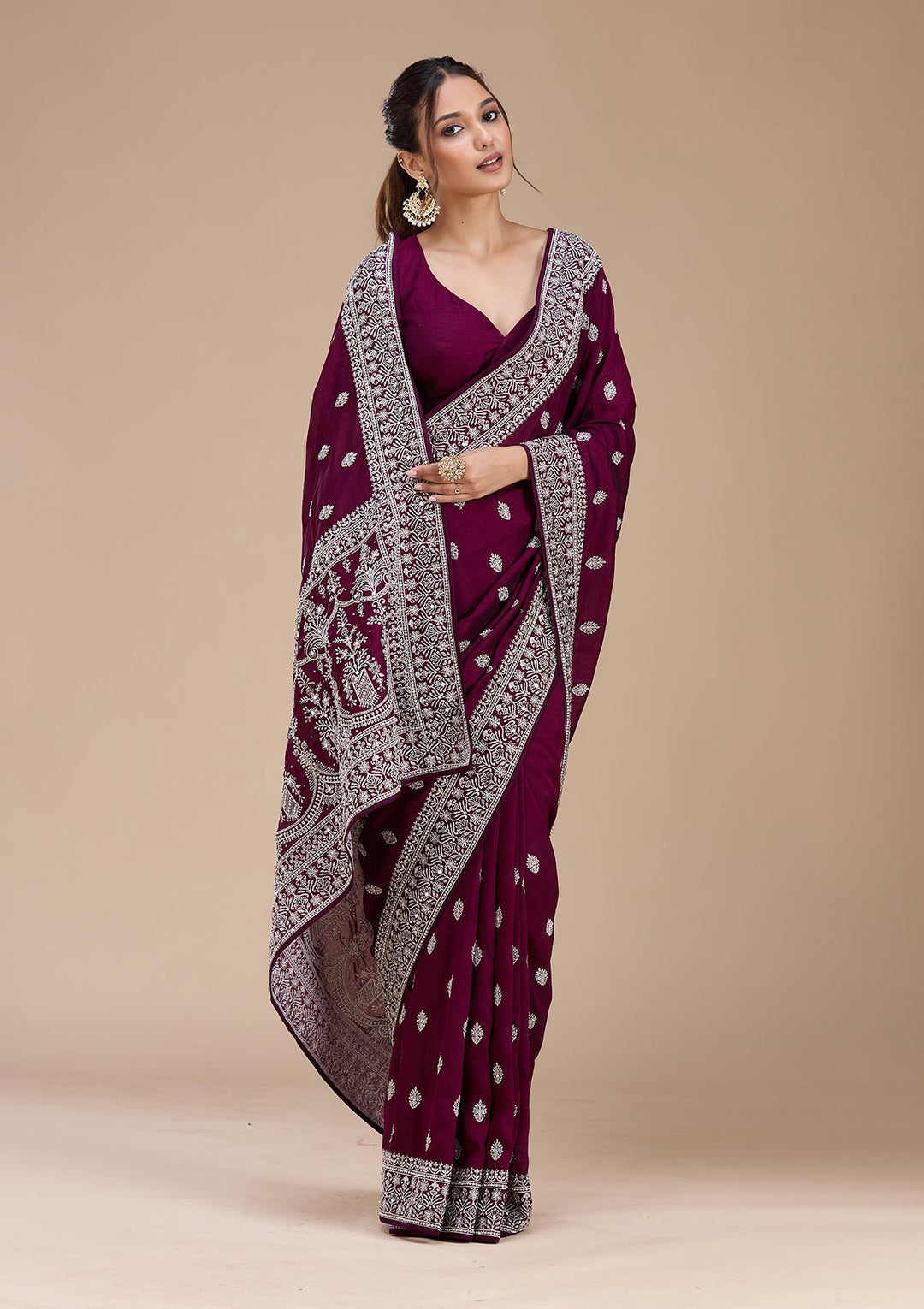 Wine Zariwork (Silver) Soft Raw Silk Saree-koskii