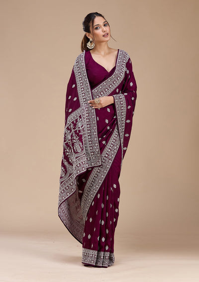 Wine Zariwork (Silver) Soft Raw Silk Saree-koskii