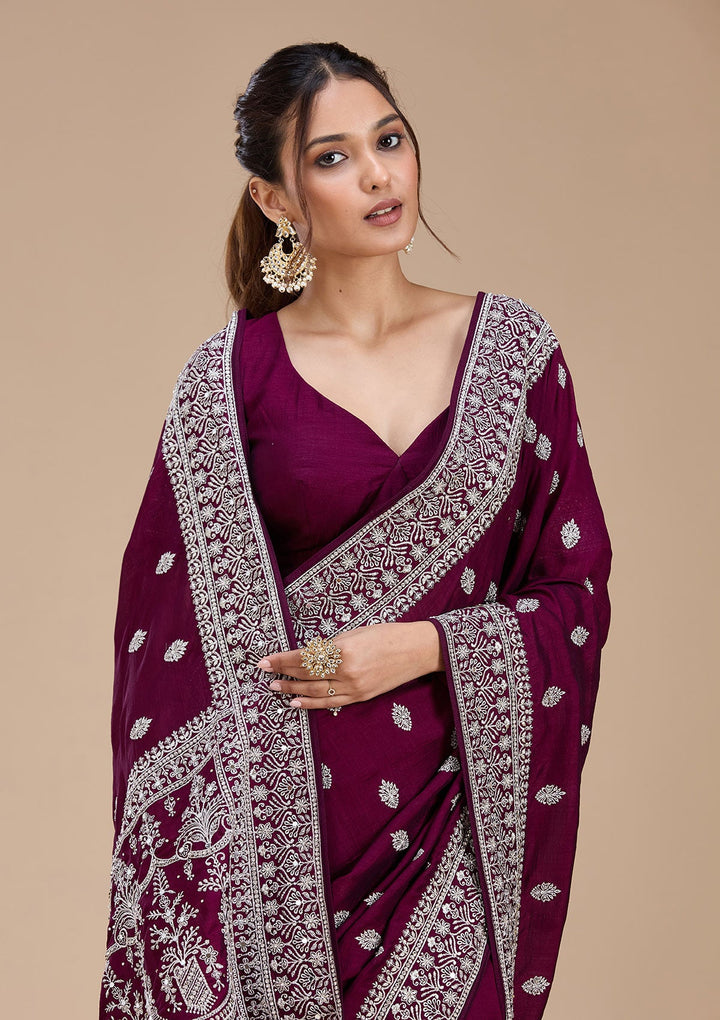 Wine Zariwork (Silver) Soft Raw Silk Saree_koskii