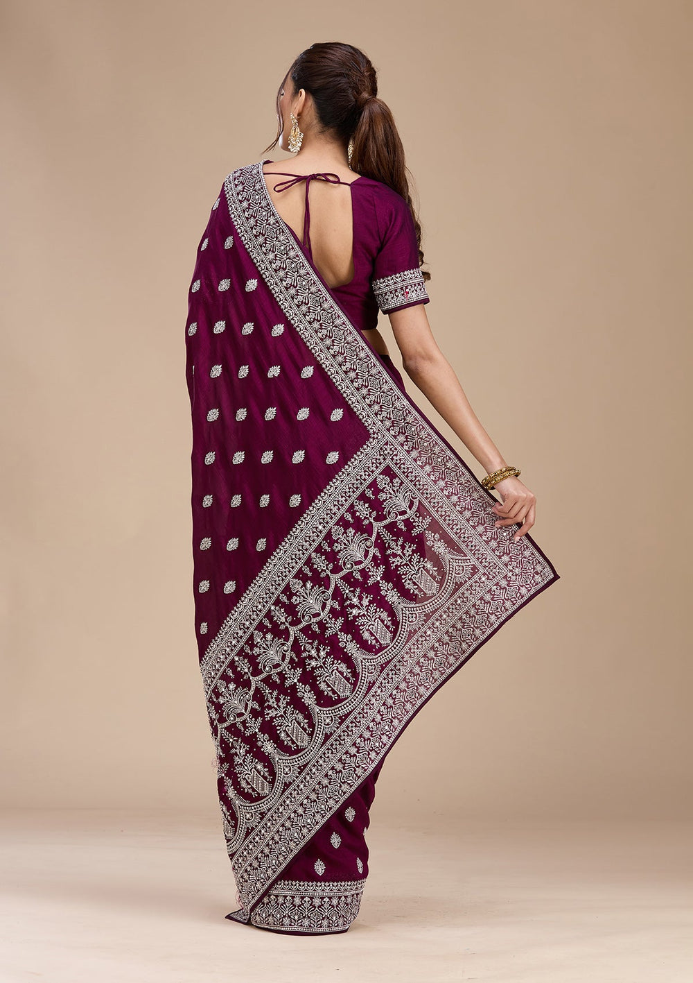 Wine Zariwork (Silver) Soft Raw Silk Saree-koskii