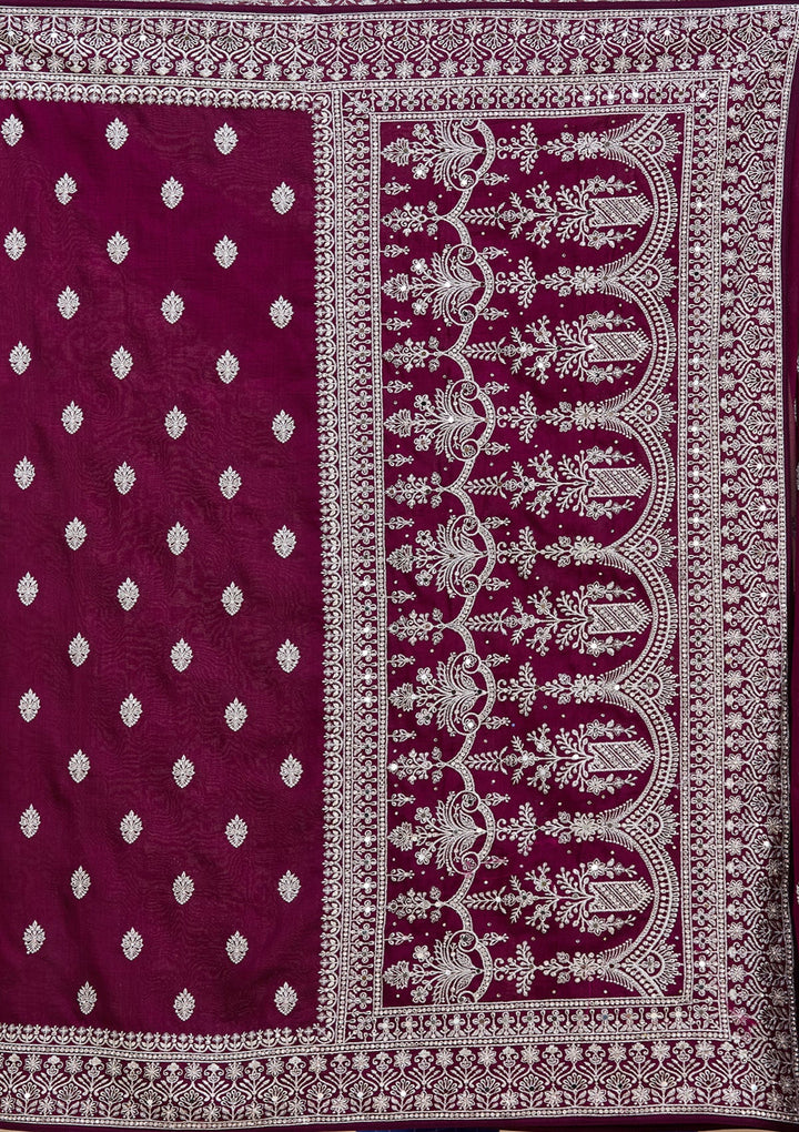 Wine Zariwork (Silver) Soft Raw Silk Saree_koskii