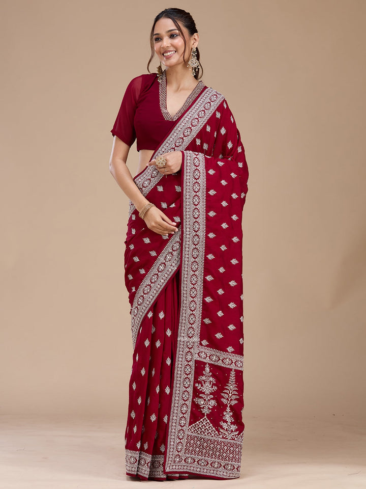 Maroon Zariwork (Silver) Soft Raw Silk Saree_koskii