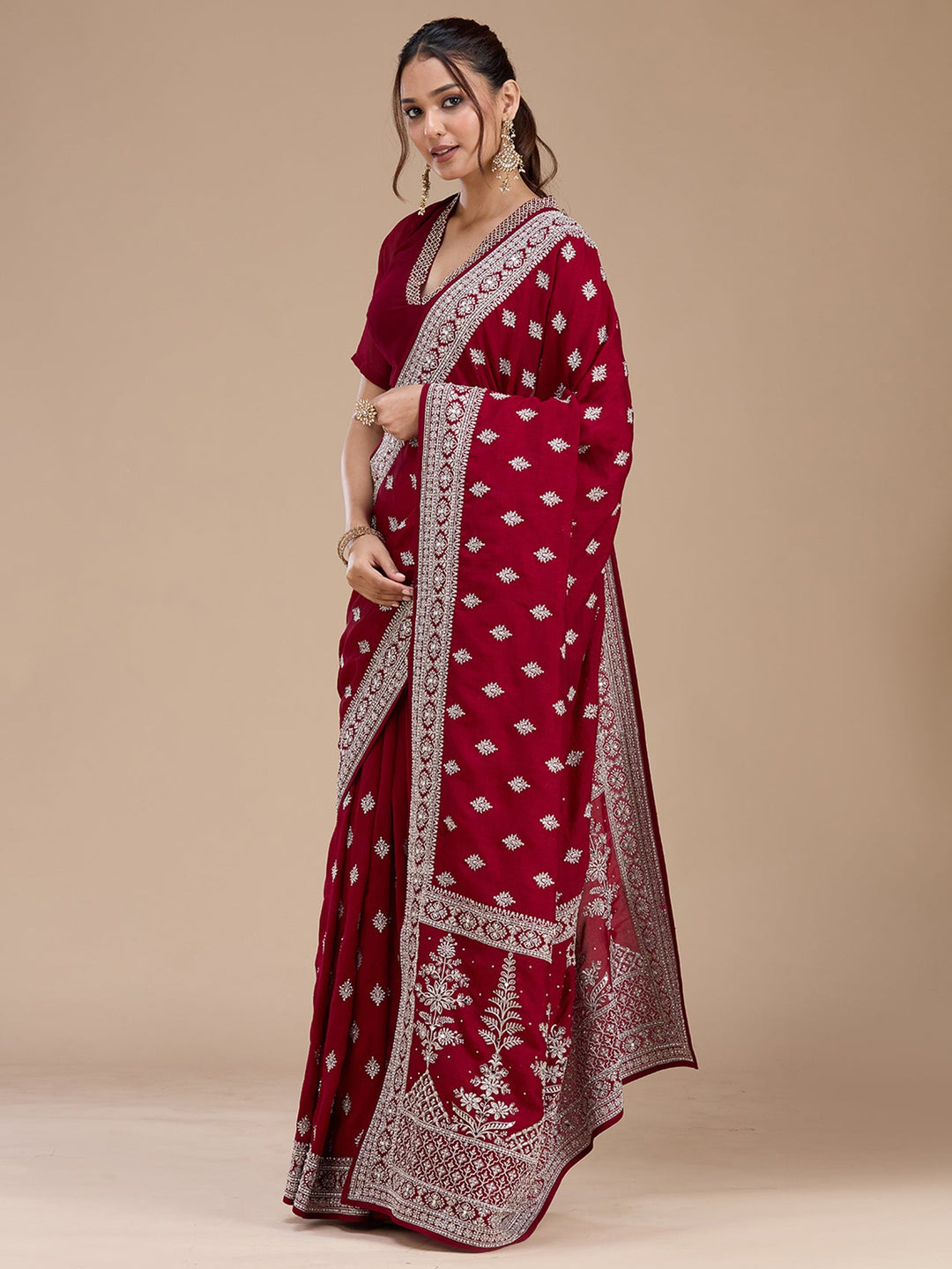 Maroon Zariwork (Silver) Soft Raw Silk Saree_koskii