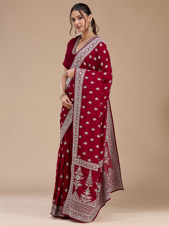 Maroon Zariwork (Silver) Soft Raw Silk Saree_koskii