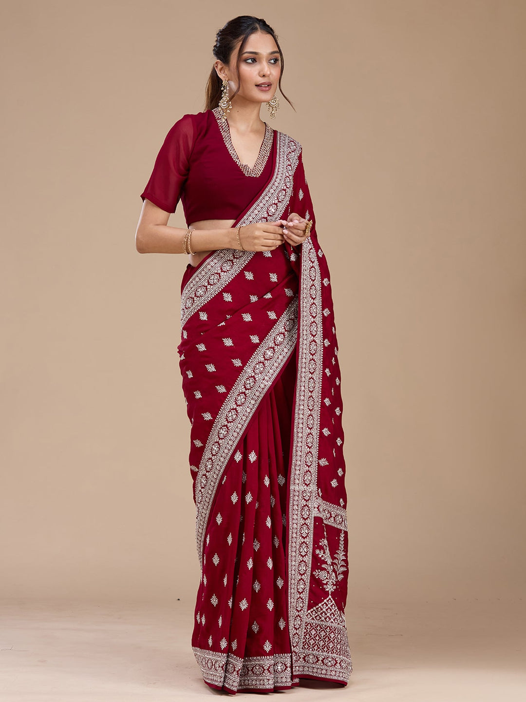 Maroon Zariwork (Silver) Soft Raw Silk Saree_koskii