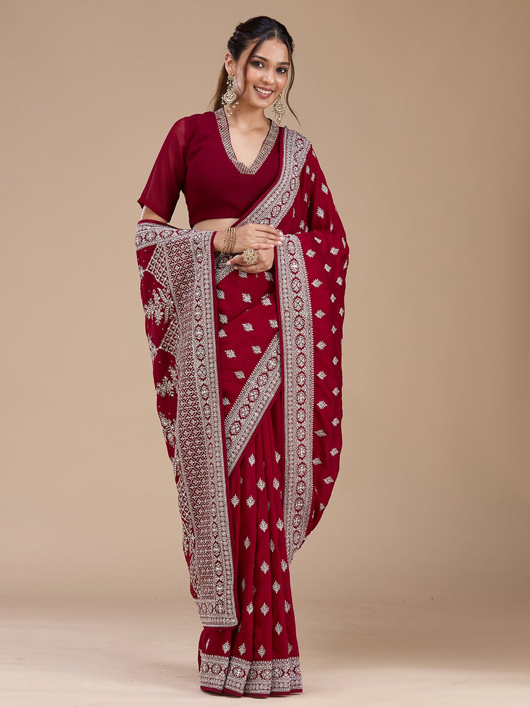 Maroon Zariwork (Silver) Soft Raw Silk Saree-koskii