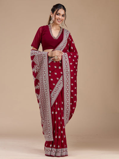 Maroon Zariwork (Silver) Soft Raw Silk Saree-koskii