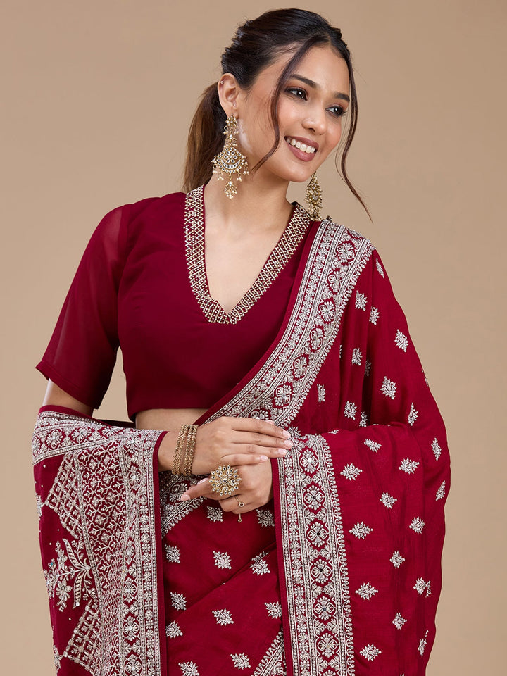 Maroon Zariwork (Silver) Soft Raw Silk Saree_koskii